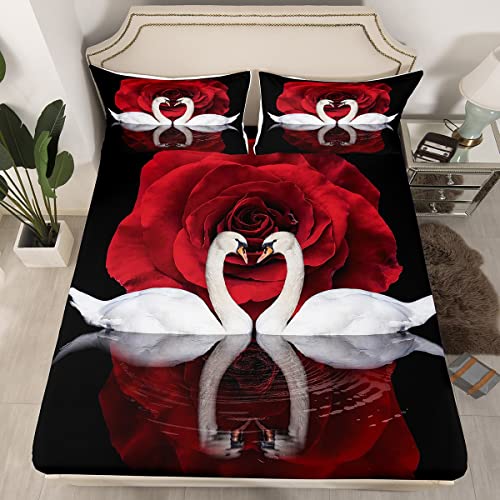 Juego de s&aacute;banas de cisne blanco para ni&ntilde;as, s&aacute;bana bajera ajustable de flores rojas para ni&ntilde;os...