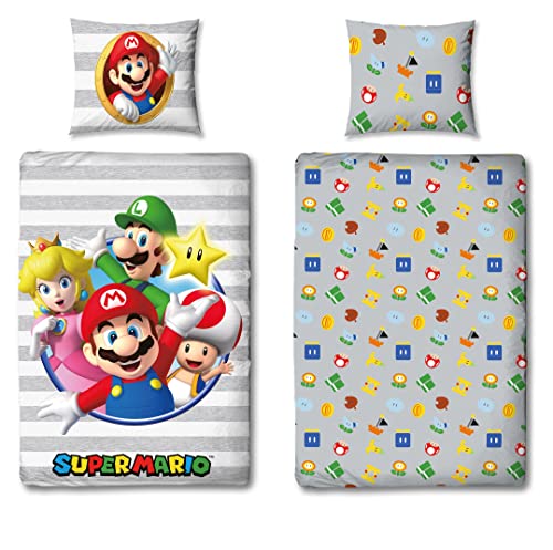 Juego de ropa de cama infantil Super Mario, gris, 135 x 200 cm, 80 x 80 cm, 100 % algodón, Luigi...