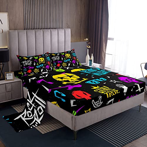 Juego de s&aacute;banas de calavera de guitarra, tama&ntilde;o King, juego de ropa de cama de estilo hippie...