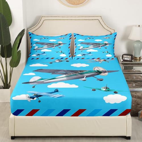 Juego de s&aacute;banas bajeras de avi&oacute;n, tama&ntilde;o King, moderno, juego de s&aacute;banas de avi&oacute;n, cielo azul,...