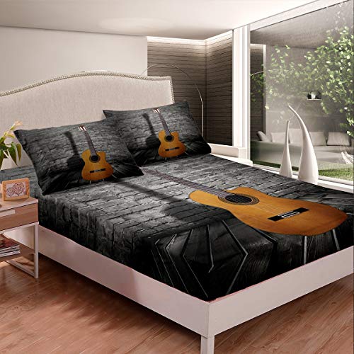Juego de ropa de cama de guitarra para ni&ntilde;as y ni&ntilde;os con tem&aacute;tica de m&uacute;sica rock, s&aacute;bana bajera...