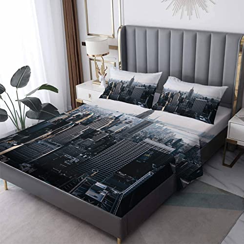 Nueva York Juego de S&aacute;banas Cama 90x190+35cm, Ciudad Arquitectura Ropa de Cama Estampada...