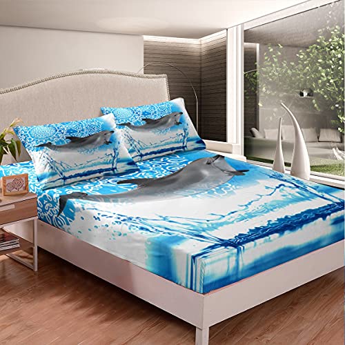 Juego de s&aacute;banas bajeras y fundas de almohada de delf&iacute;n, juego de s&aacute;banas de mandala bohemio para...