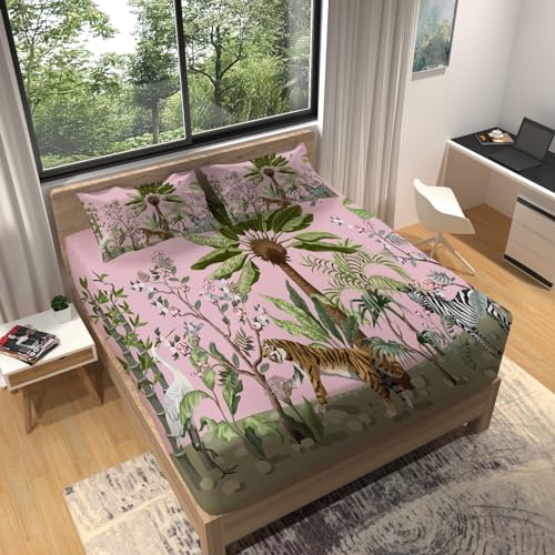 Sabana Bajera 150x190 Cocotero Rosa Sabanas Cama Tigre Juego de Sabanas Ajustable Suaves, Elastico...