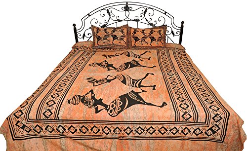 Exotic India Peach-Bloom - S&aacute;bana de algod&oacute;n Puro con Fundas de Almohada con Estampado de Village...