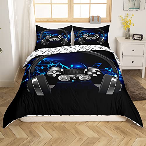 Set de ropa de cama con diseño de auriculares, mando de videojuegos, música, melodías. Funda de...