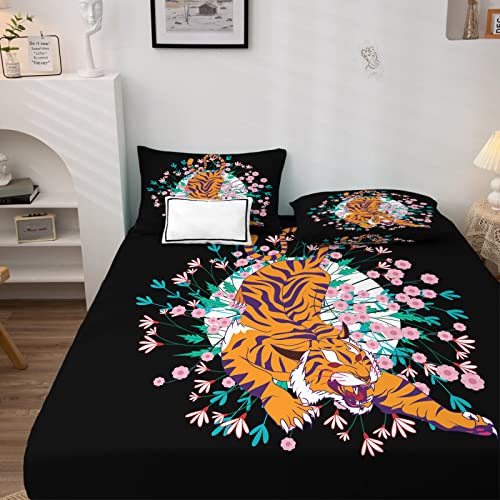 Tigre S&aacute;bana Bajera 90x190 Flor Animal Ropa de Cama Estampada Microfibra 2 Pieza S&aacute;banas Tacto...