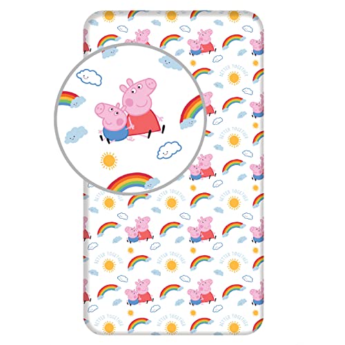 Peppa Pig - S&aacute;bana bajera ajustable (90 x 200 cm + 25 cm), dise&ntilde;o de Peppa Pig George Pig con...