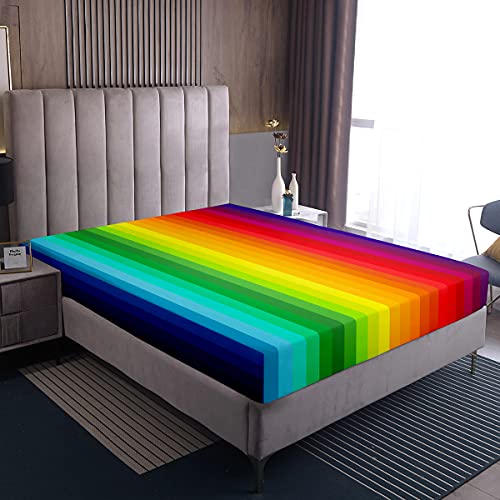 S&aacute;bana bajera ajustable arco&iacute;ris 100 % microfibra transpirable coloridas l&iacute;neas verticales,...