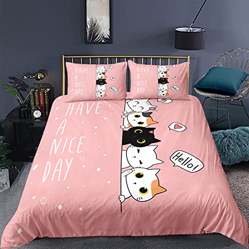 Juego de Cama Gato Animados 3D Negro Gris Rosa Gatito Funda N&oacute;rdica Estampado 3D Microfibra Ni&ntilde;a...