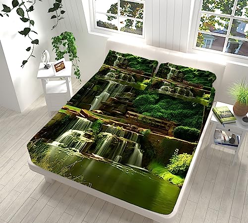 Cascada Paisaje Verde Sábana Bajera 160x200 cm Ajustable Bolsillo Extra Profundo 30cm con Elástico...
