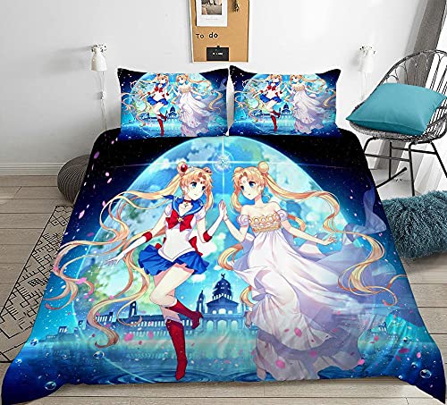 PTNQAZ Juego de ropa de cama de anime Sailor Moon para ni&ntilde;os, fundas de edred&oacute;n con fundas de...