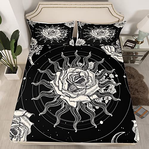 Juego de s&aacute;banas bajeras de sol y luna de rosas de estilo bohemio para ni&ntilde;os y ni&ntilde;as, juego de...