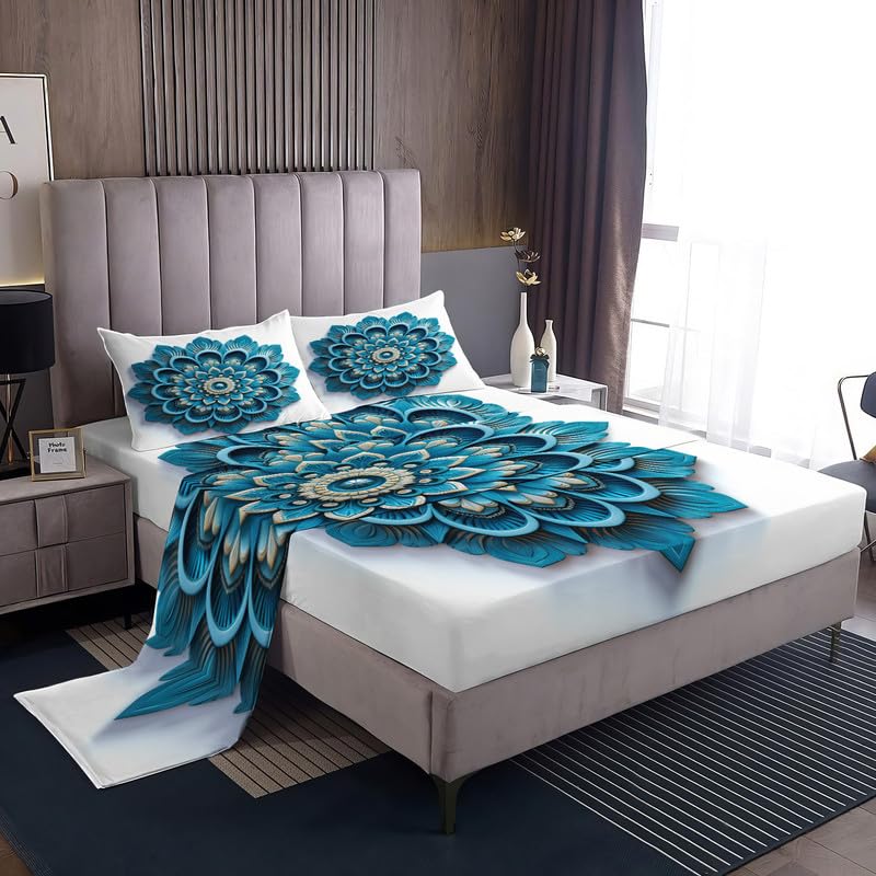 Mandala Juego de S&aacute;banas Cama 150x200+35cm, &eacute;tnica Ropa de Cama Estampada Microfibra, 4 Piezas - 1...