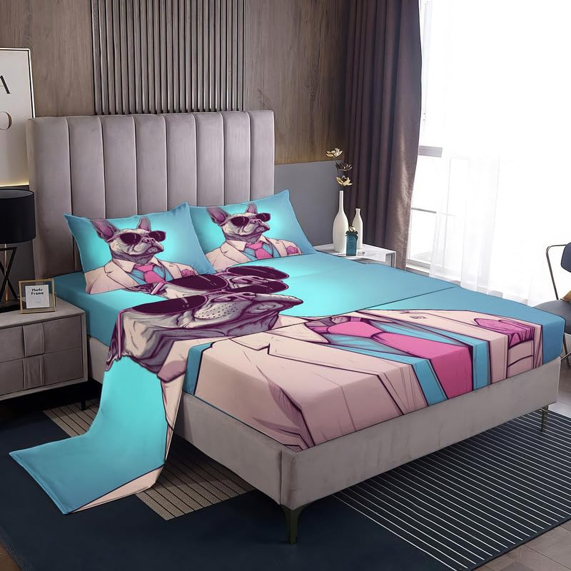 Bulldog Franc&eacute;s Juego de S&aacute;banas Cama 90x190+35cm, Divertido Ropa de Cama Estampada Microfibra, 3...