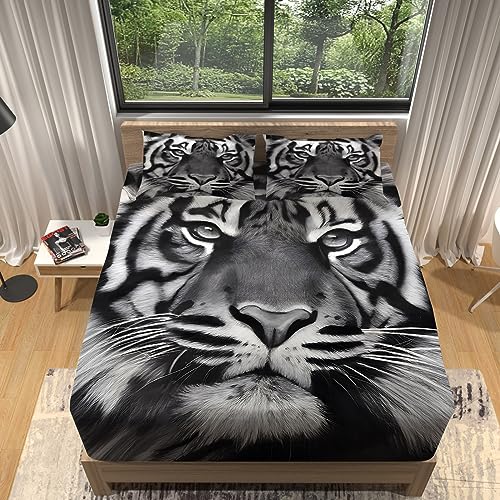 Sabanas Bajeras Tigre Blanco y Negro Sabanas 135 x 190 Microfibra S&aacute;bana Ajustable El&aacute;stico en el...
