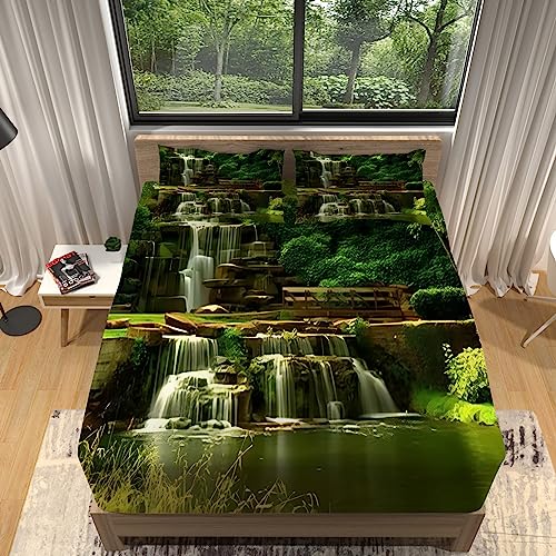 WHUOEUCO Sabanas Bajeras 160x200 cm Paisaje de Cascada Microfibra Sábana Bajera Ajustable Suave...