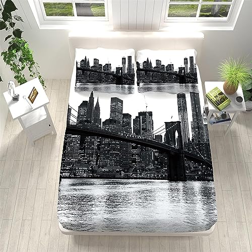 Sabanas 135 x 190 cm Negro, 3D Nueva York S&aacute;bana Bajera de Microfibre Suave y C&oacute;moda Transpirable,...