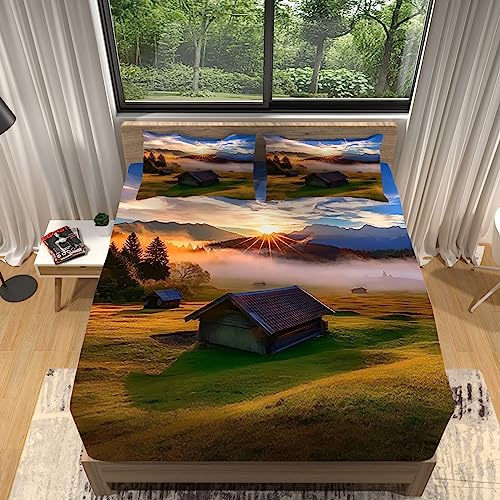 WHUOEUCO Sábana Bajeras Ajustables 160x200 cm Paisaje de cabaña Microfibra Cepillada para Colchón...