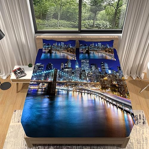 Sabanas 105x200 cm Infantil Nueva York, 3D Ciudad Moderna S&aacute;bana Bajera de Microfibre Suave y...
