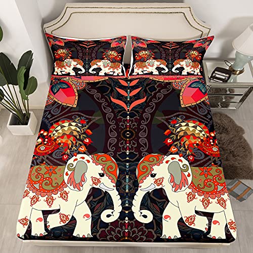 Lindo juego de s&aacute;banas de elefante bohemio para ni&ntilde;os y ni&ntilde;as, juego de ropa de cama de pavo...