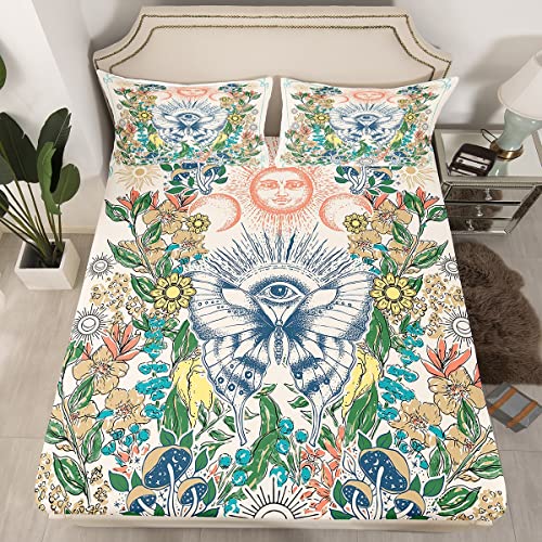 Homewish Hippie - S&aacute;banas de cama de mariposa con sol y luna, s&aacute;bana bajera doble, s&aacute;banas...