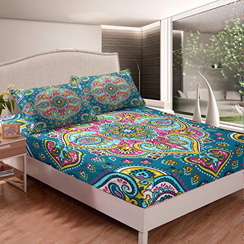 Boho Mandala Juego de Ropa de Cama de Estilo Bohemio, s&aacute;bana Bajera Ajustable para ni&ntilde;os y...