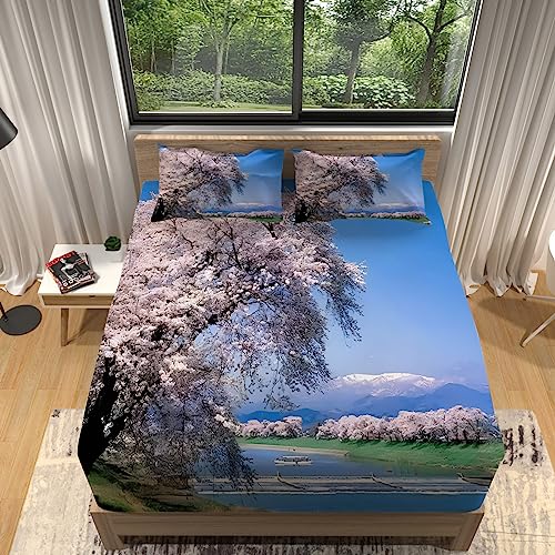 WHUOEUCO Sábana Bajera 160x200 cm Paisaje de Flor de Cerezo Sabana Bajera Ajustable Microfibra,...