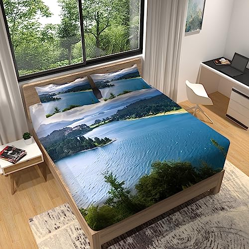 Sabana Bajera 90x190 Ajustable Paisaje del río Azul 3D Suave Cómoda Microfibra Sábana Ajustable...