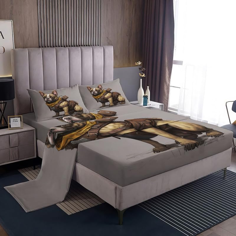 Bulldog Franc&eacute;s Juego de S&aacute;banas Cama 180x200+35cm, Gris Ropa de Cama Estampada Microfibra, 4...